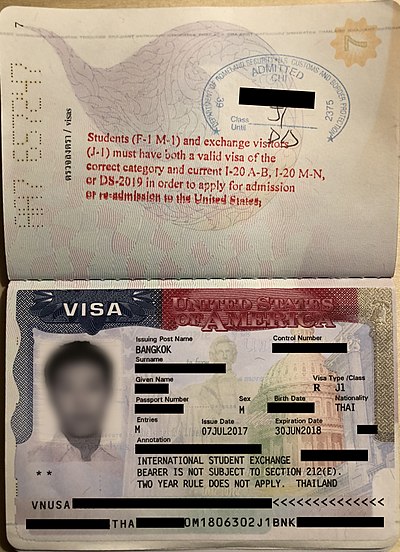US visa for international student exchange, J1 type, issued in Bangkok, Thailand.