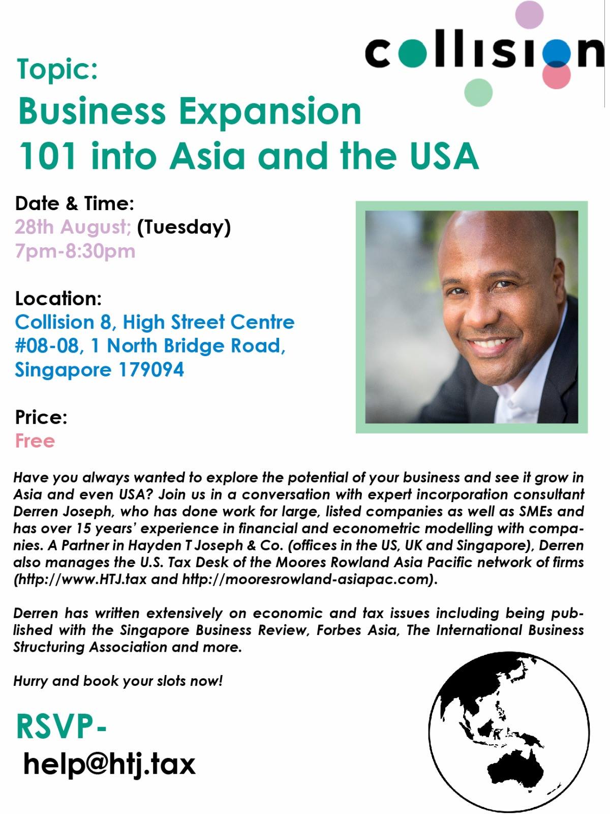 Collision event flyer with topic Business Expansion 101 into Asia and the USA, speaker Derren Joseph, and RSVP details.