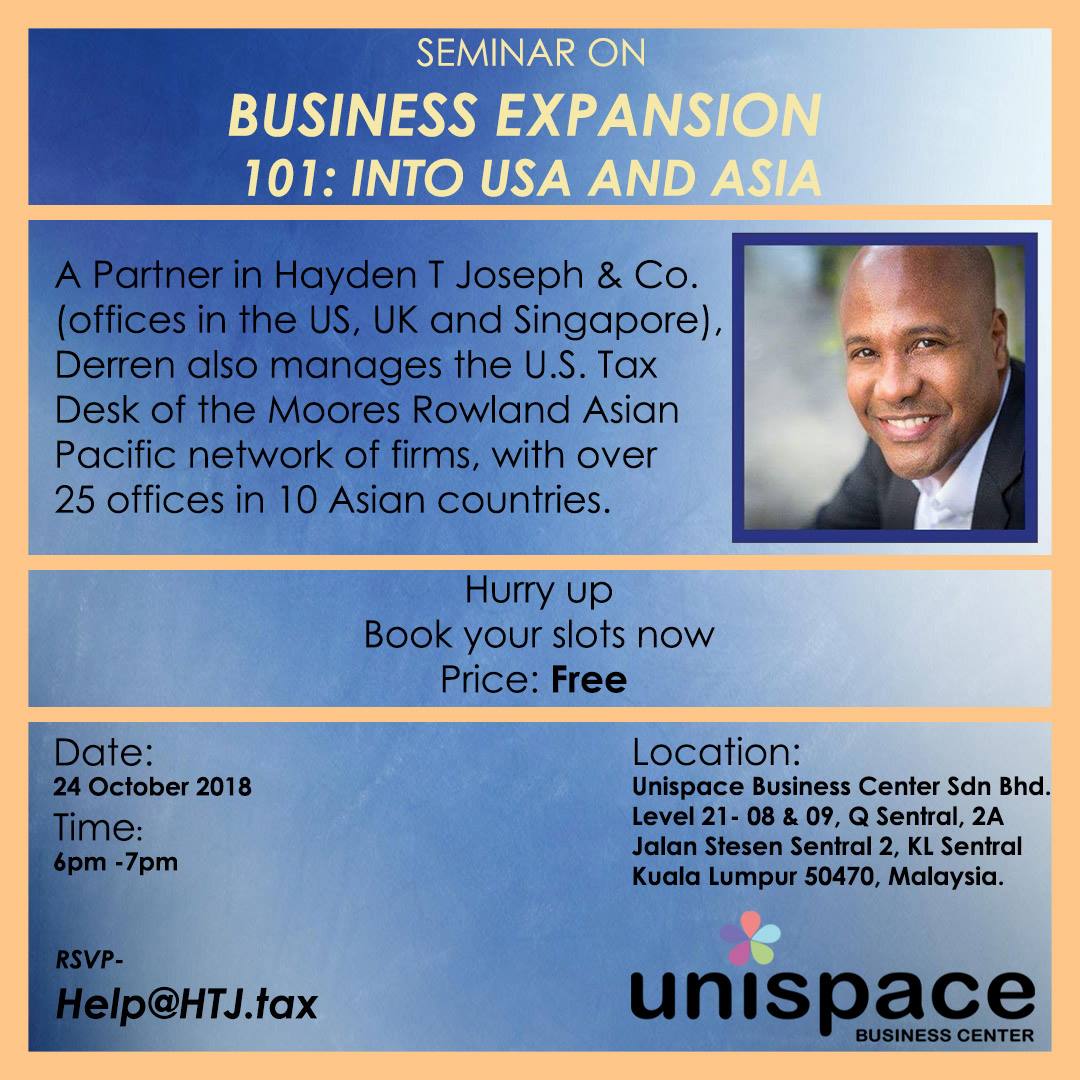 Seminar on business expansion 101 into USA and Asia with speaker Derren Joseph.