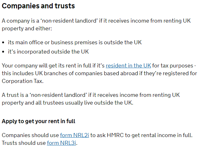 Text about companies and trusts being non-resident landlords and applying for rent in full.