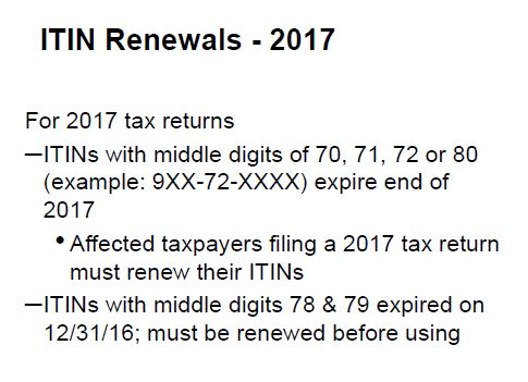 ITIN Renewals - 2017 slide listing ITINs expiring in 2017 and 2016.