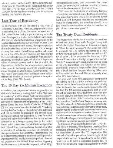 Text discussing US tax residency exceptions, including last year of residency and the 10-day de minimis exception.