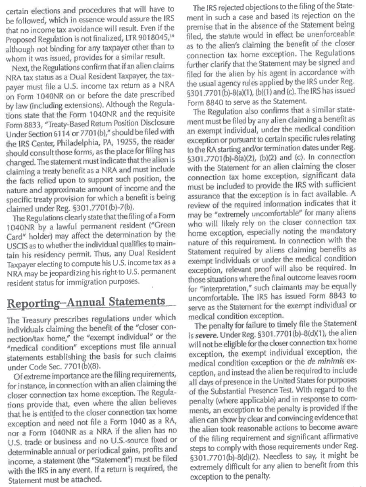 Two columns of text discussing US tax regulations for aliens and dual resident taxpayers.
