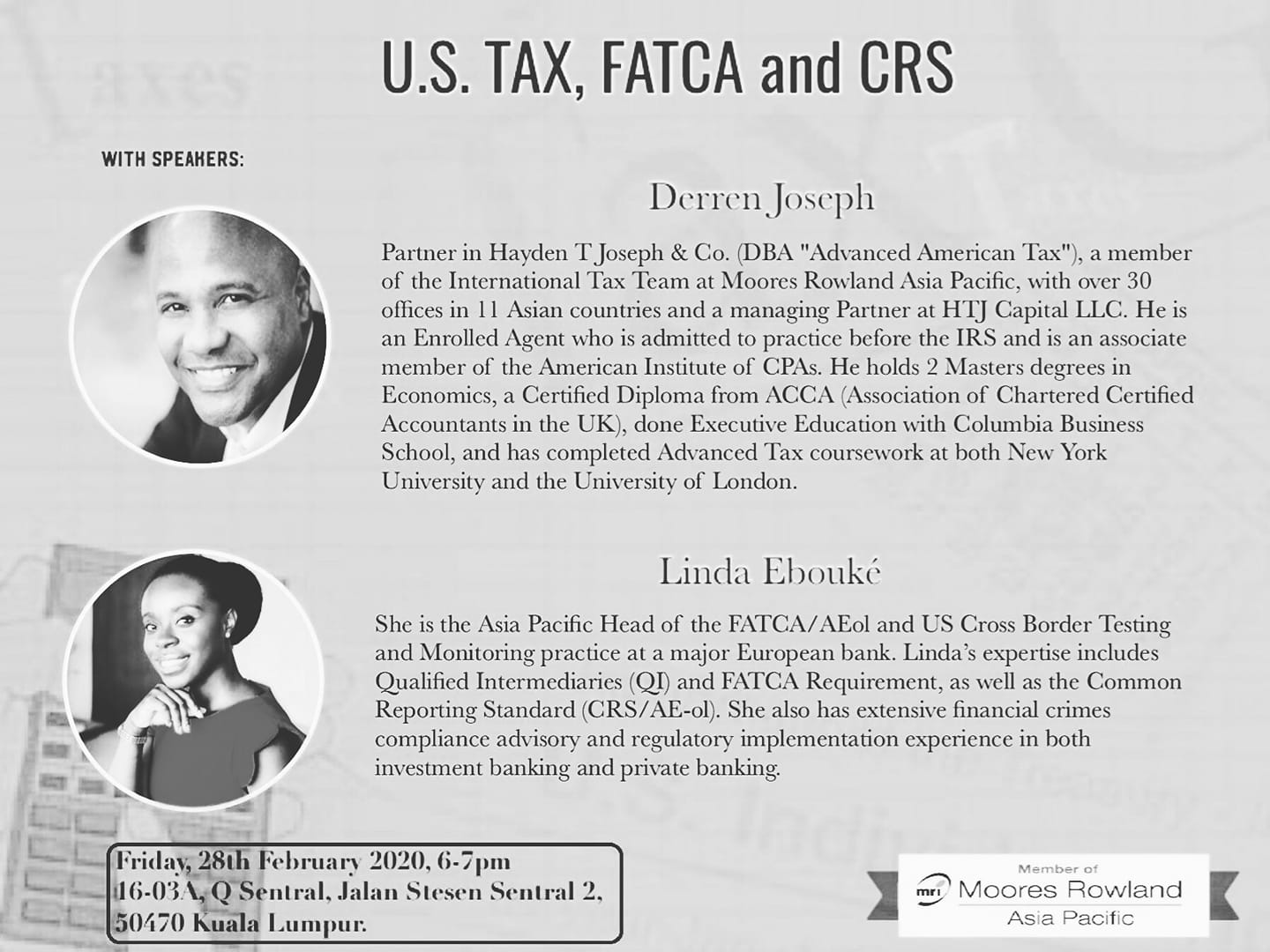 U.S. Tax, FATCA and CRS with speakers Derren Joseph and Linda Ebouké.