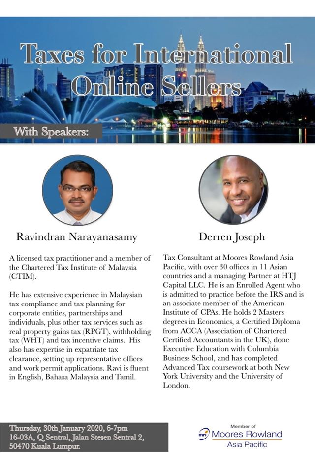 Flyer for "Taxes for International Online Sellers" with speakers Ravindran Narayanasamy and Derren Joseph.