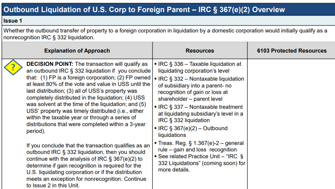 Table outlining outbound liquidation of U.S. Corp to Foreign Parent, IRC § 367(e)(2) Overview.