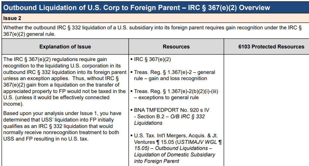 Table detailing outbound liquidation of U.S. Corp to foreign parent, IRC § 367(e)(2) overview, Issue 2.