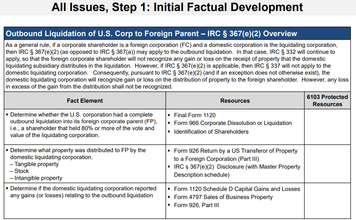 Table detailing outbound liquidation of a U.S. corporation to a foreign parent under IRC § 367(e)(2).
