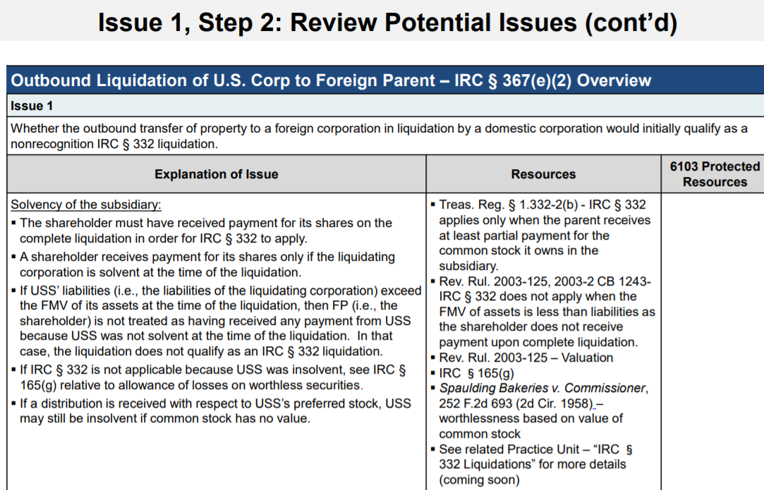 Table detailing outbound liquidation of U.S. Corp to Foreign Parent, IRC § 367(e)(2) Overview.