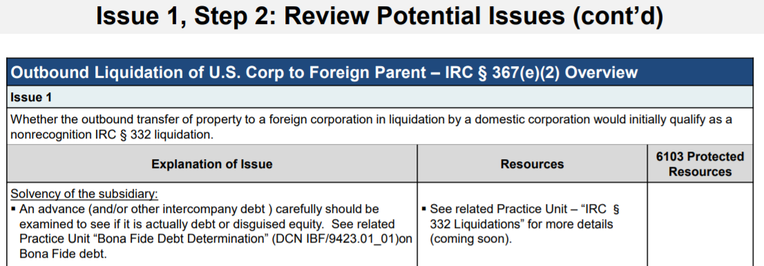 Table detailing outbound liquidation of U.S. Corp to Foreign Parent, IRC § 367(e)(2) overview.