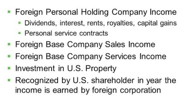 List of foreign income types recognized by U.S. shareholders.