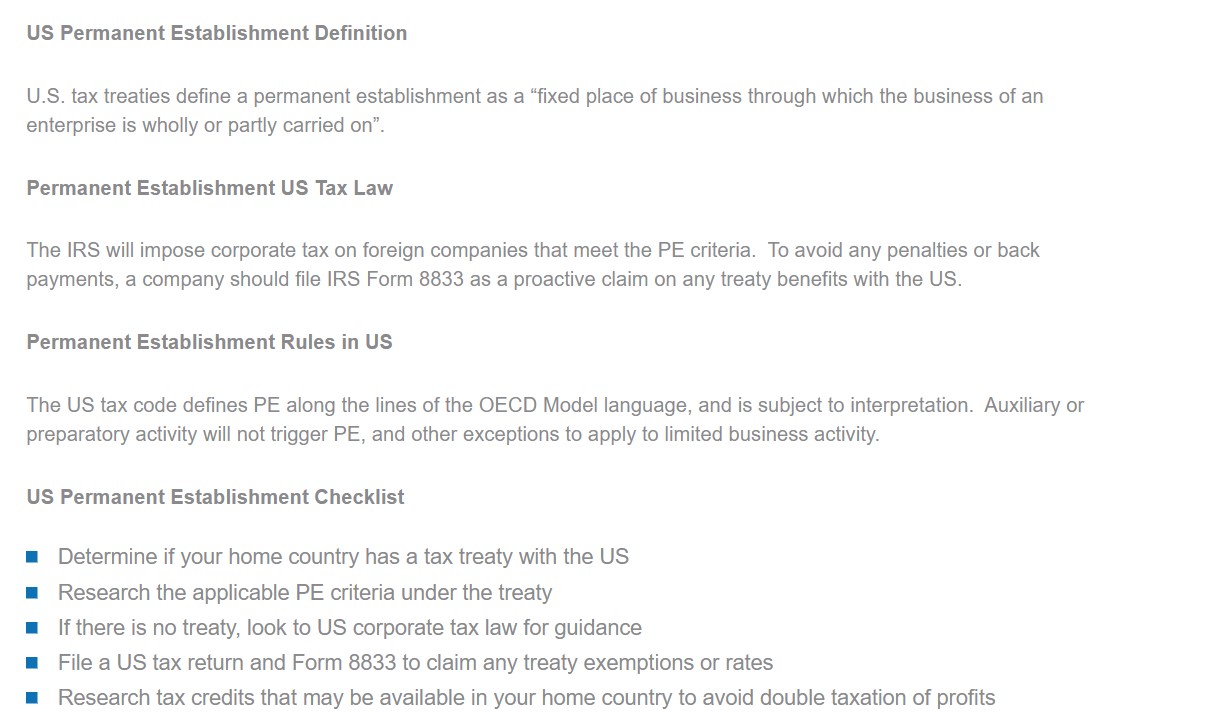 US Permanent Establishment Definition, Tax Law, Rules, and Checklist sections.