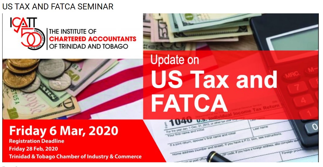 US Tax and FATCA Seminar flyer with US currency, coins, calculator, and tax form.