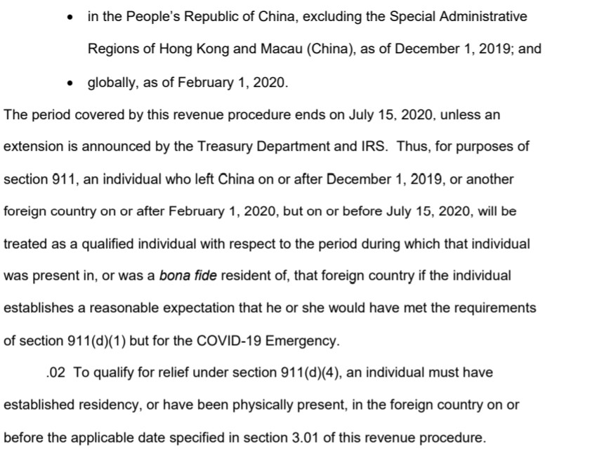 Text from a revenue procedure detailing COVID-19 emergency relief for foreign earned income exclusion.