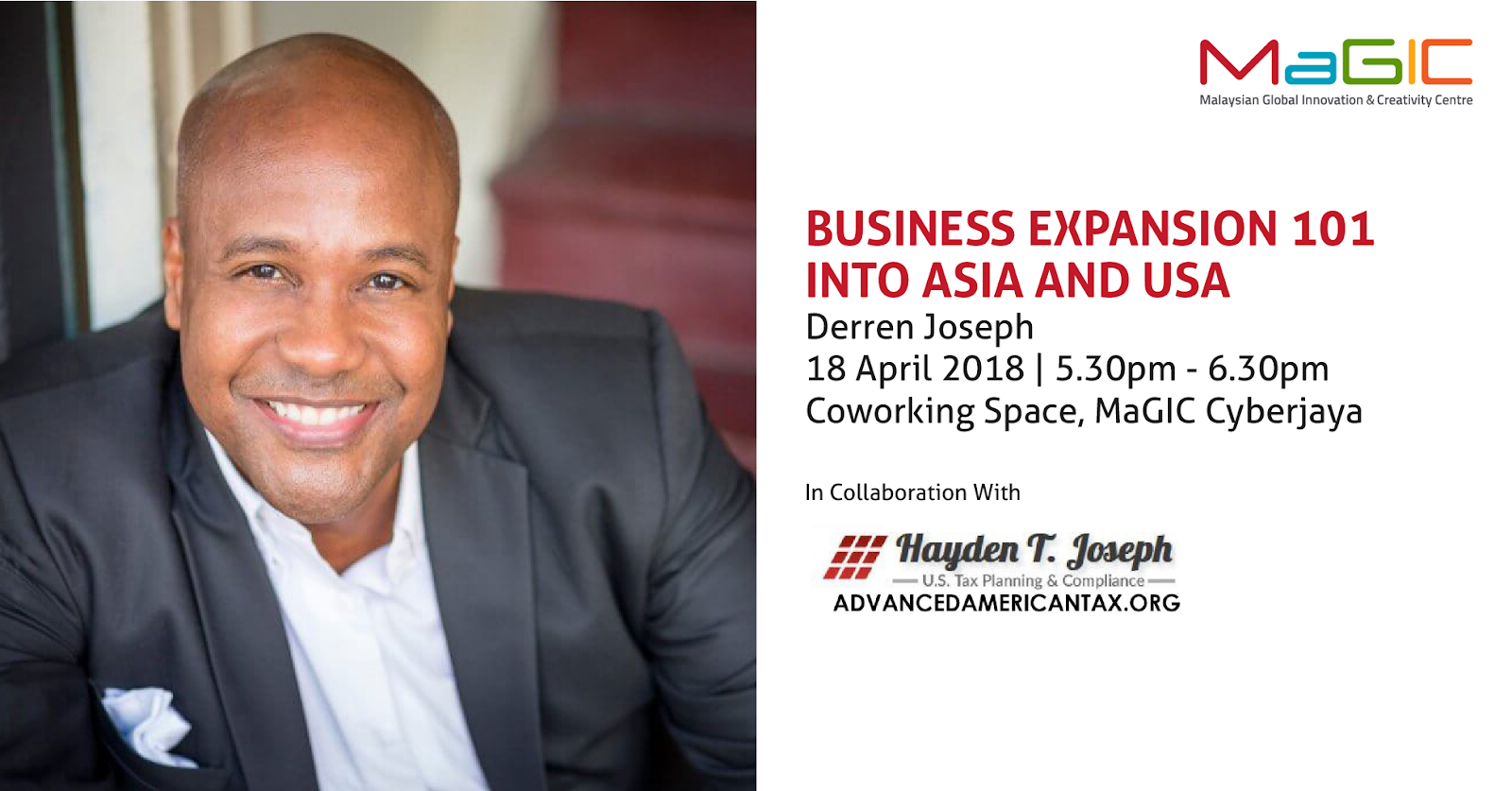 Business Expansion 101 Into Asia and USA event details with speaker Derren Joseph.