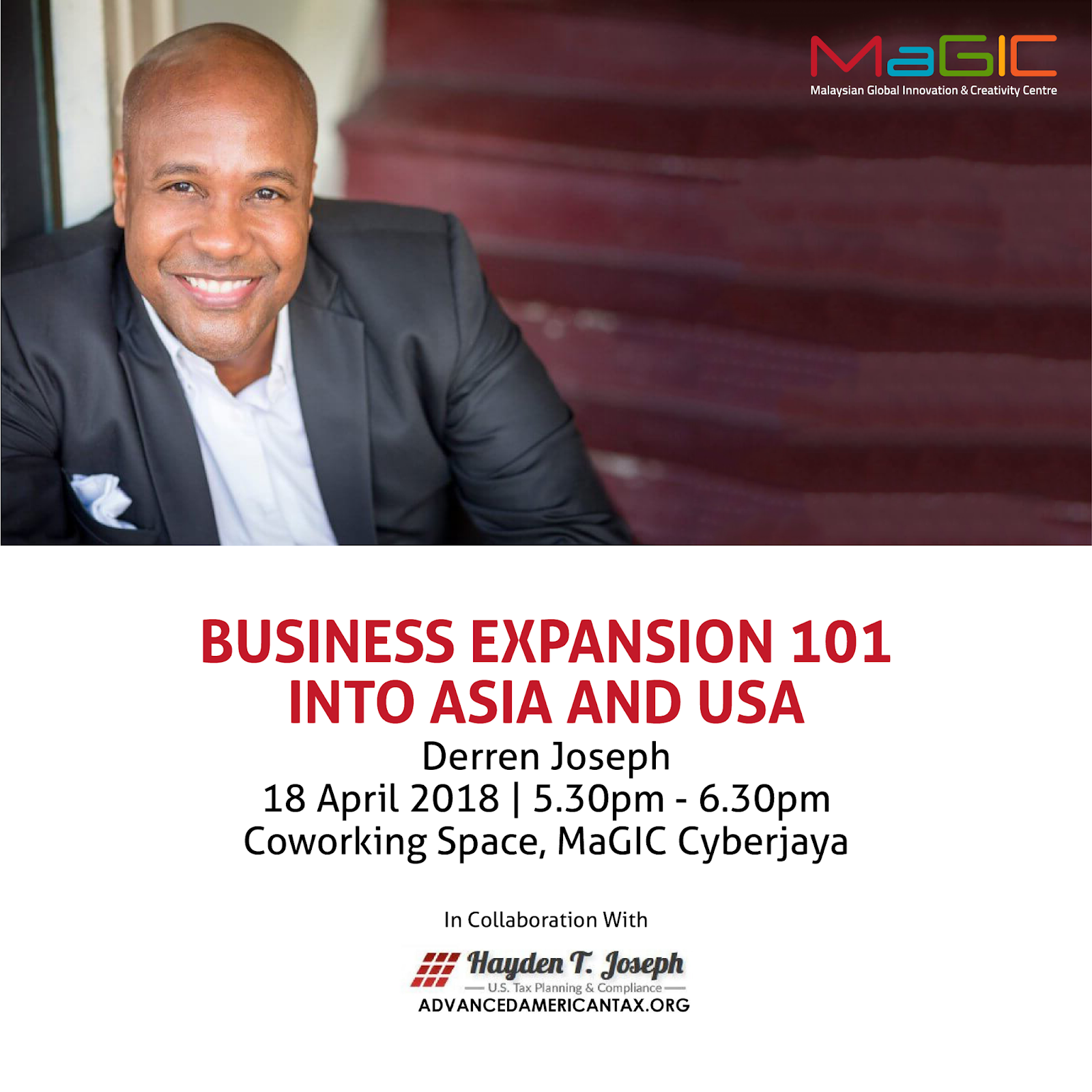 Business Expansion 101 Into Asia and USA event details with speaker Derren Joseph.