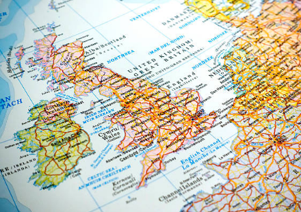 Map showing the United Kingdom, Ireland, and parts of Northern Europe.