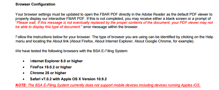 Screenshot of browser configuration instructions for the FBAR PDF.
