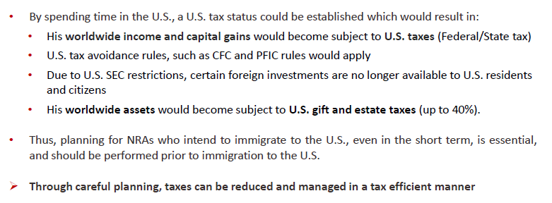 Bullet points detailing U.S. tax implications for individuals spending time in the U.S.