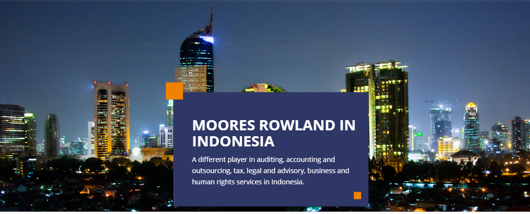 Night view of Jakarta skyline with a dark blue overlay reading Moores Rowland in Indonesia.