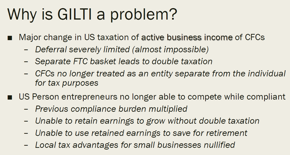 Slide titled "Why is GILTI a problem?" listing tax issues for CFCs.