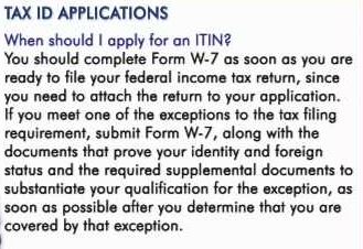 Screenshot of text about tax ID applications and when to apply for an ITIN.