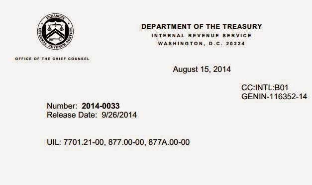 Department of the Treasury Internal Revenue Service letter dated August 15, 2014.
