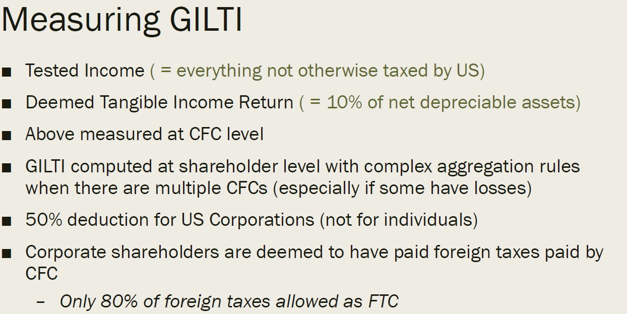 Slide titled Measuring GILTI with bullet points on tested income, tangible income return, and GILTI computation.