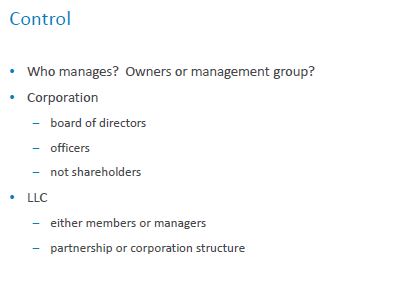 List comparing corporation and LLC management structures under the heading Control.