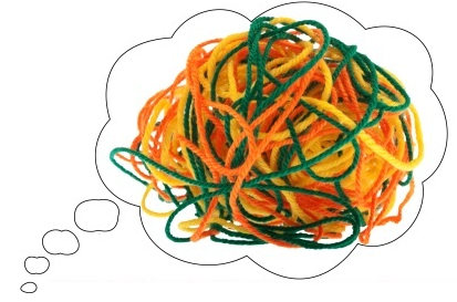 Thought bubble with a tangled ball of orange, yellow, and green yarn inside.