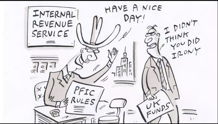 Man in cowboy hat labeled Internal Revenue Service waves, holding PFIC Rules. Man holding UK Funds asks, "I didn't think you