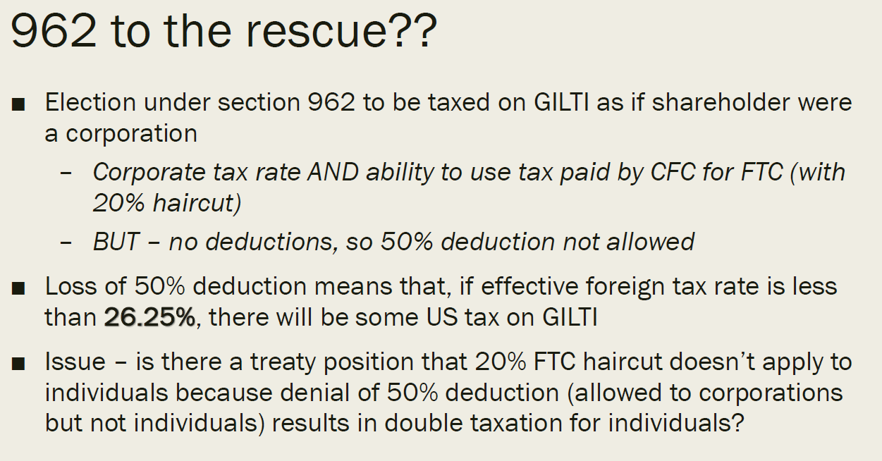Slide titled "962 to the rescue??" with bullet points about GILTI tax rules.