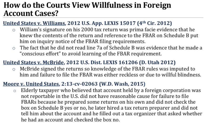 Slide titled How do the Courts View Willfulness in Foreign Account Cases? with case examples.