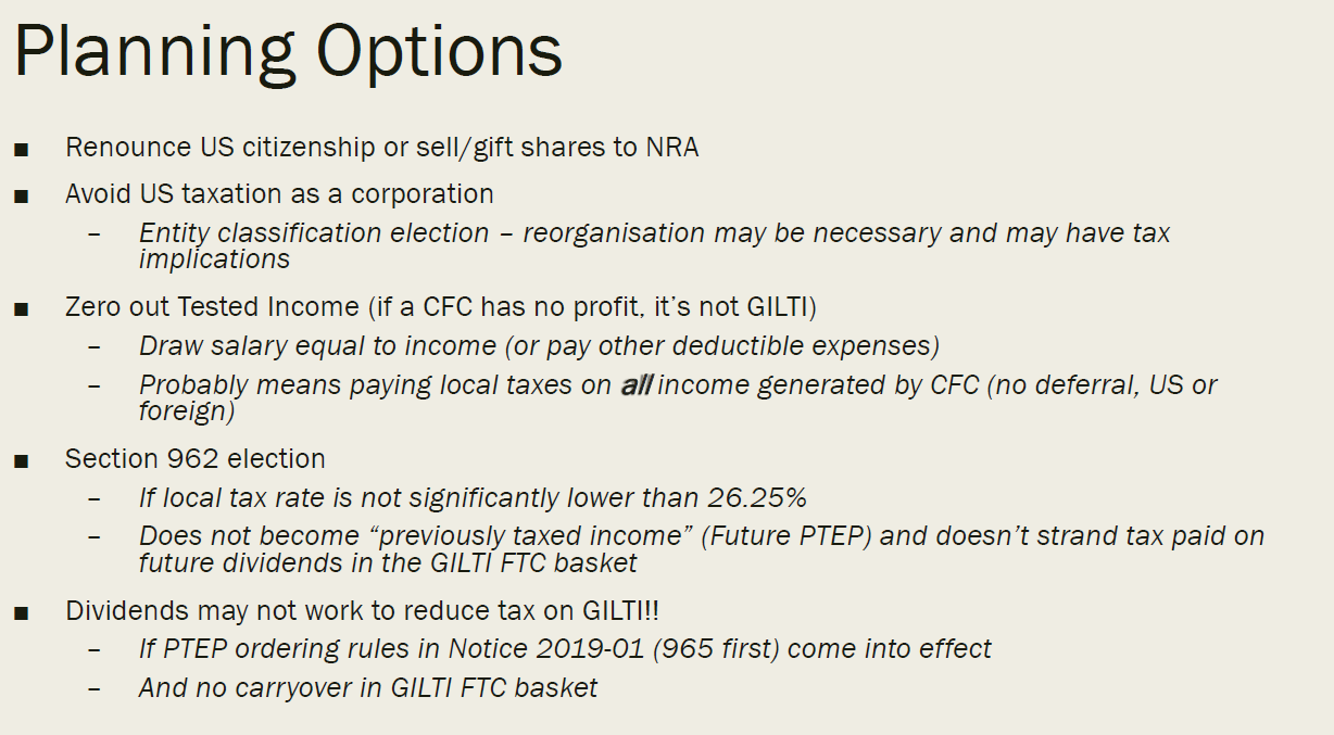Slide listing planning options for US persons with foreign corporations, including Section 962 election.