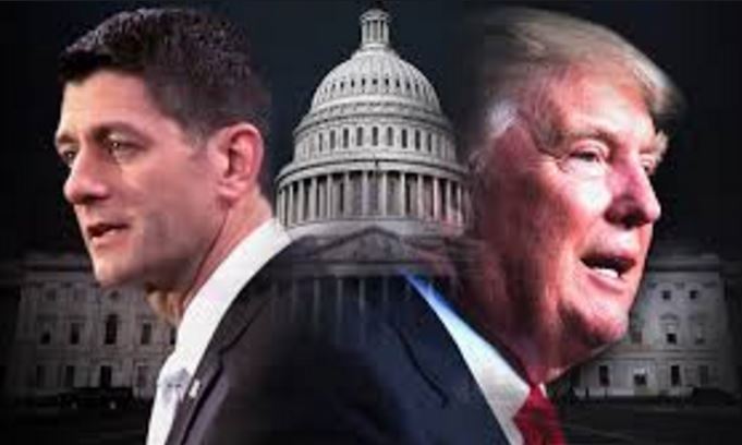 Paul Ryan and Donald Trump with the U.S. Capitol building behind them.