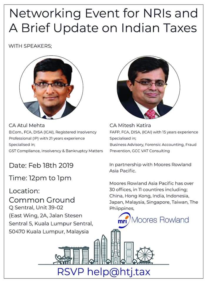 Networking event for NRIs on Indian Taxes with speakers CA Atul Mehta and CA Mitesh Katira.