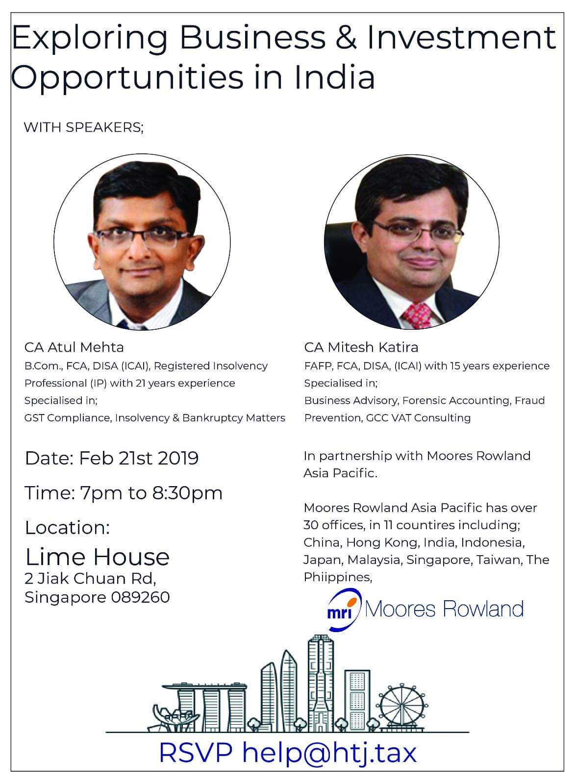 Event flyer for Exploring Business & Investment Opportunities in India with speakers CA Atul Mehta and CA Mitesh Katira.