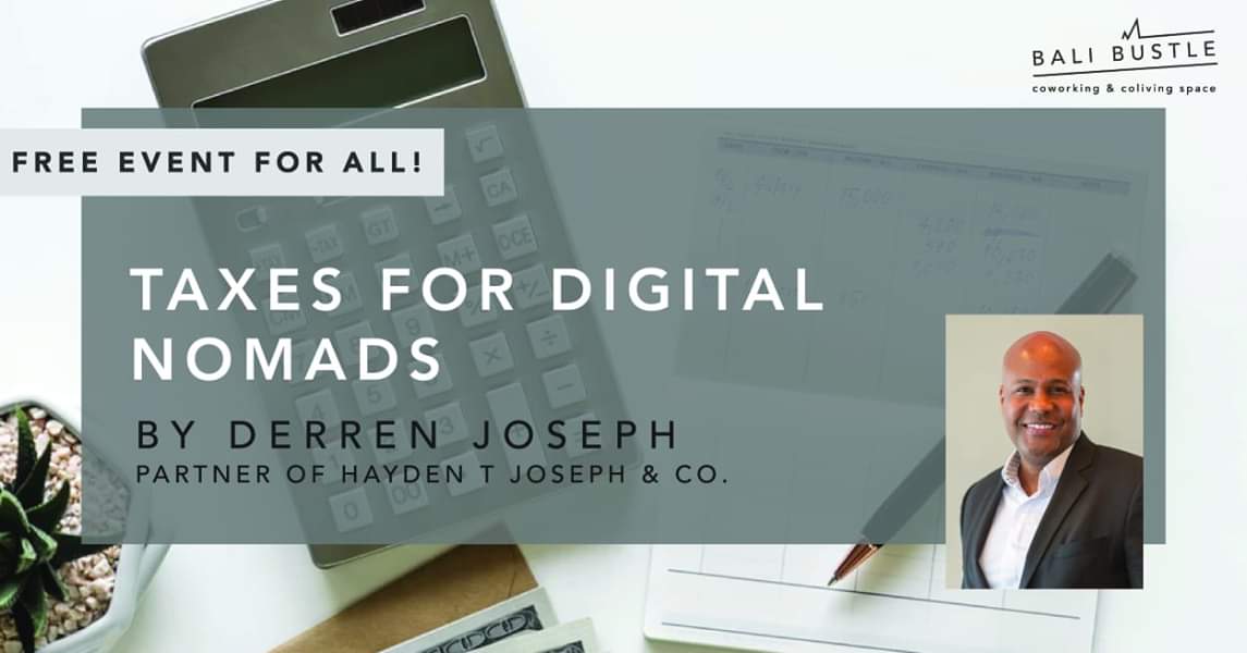 Event poster for Taxes for Digital Nomads by Derren Joseph, partner of Hayden T Joseph & Co.