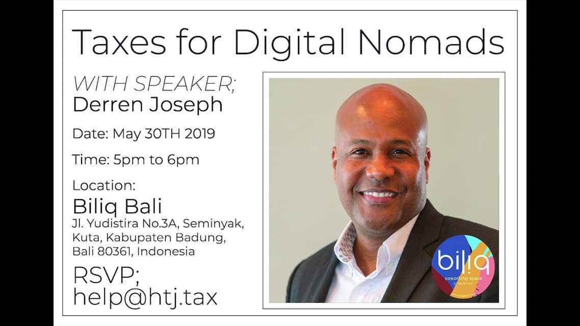 Taxes for Digital Nomads event flyer with speaker Derren Joseph, date, time, location, and RSVP.