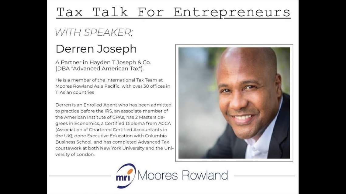 Derren Joseph, speaker for Tax Talk For Entrepreneurs, with Moores Rowland logo.