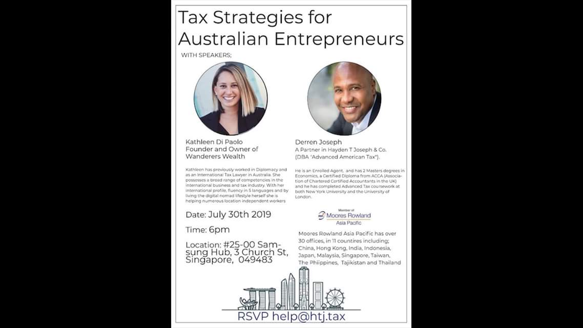 Tax Strategies for Australian Entrepreneurs event flyer with speakers Kathleen Di Paolo and Derren Joseph.