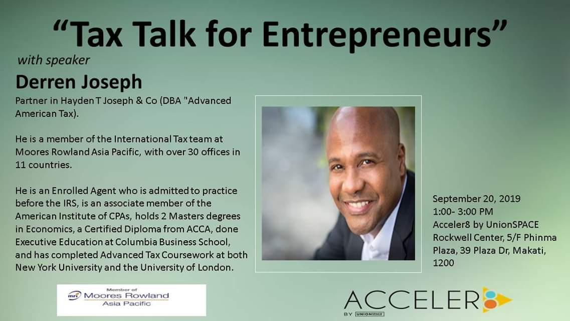 "Tax Talk for Entrepreneurs" with speaker Derren Joseph, September 20, 2019 event details.
