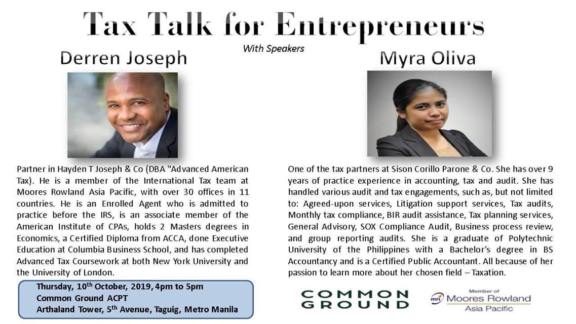 Tax Talk for Entrepreneurs with speakers Derren Joseph and Myra Oliva.