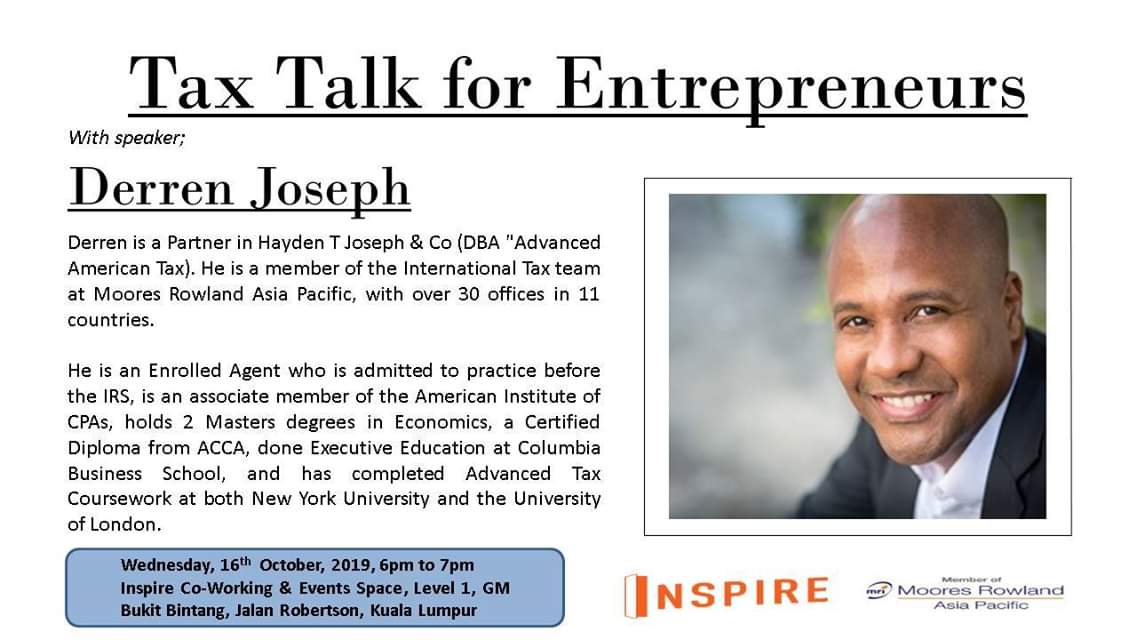 Tax Talk for Entrepreneurs with speaker Derren Joseph, event details, and logos.
