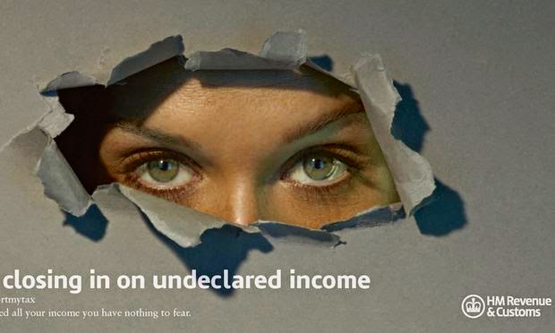 Eyes peering through torn paper with text "closing in on undeclared income" and HM Revenue & Customs logo.