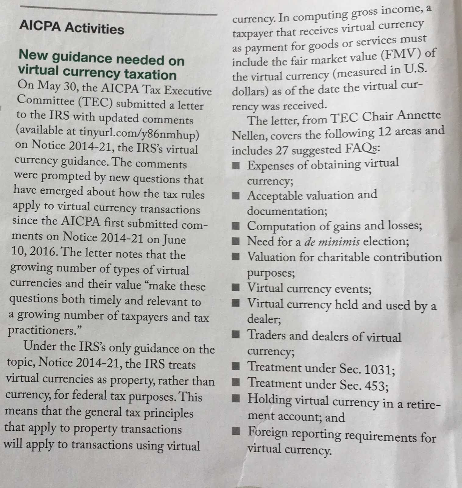 List of topics related to virtual currency taxation from an AICPA notice.