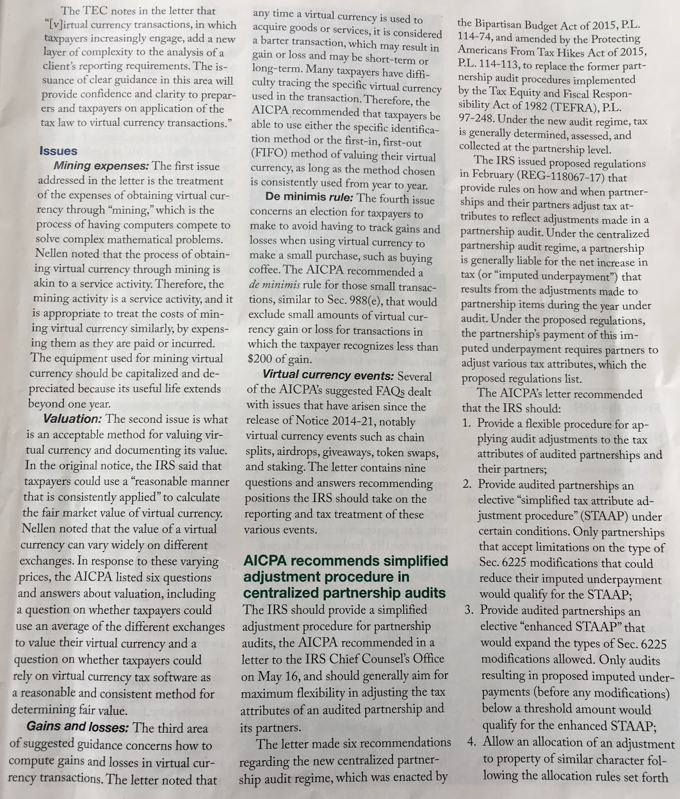 Page from a tax journal discussing virtual currency transactions and IRS guidance.