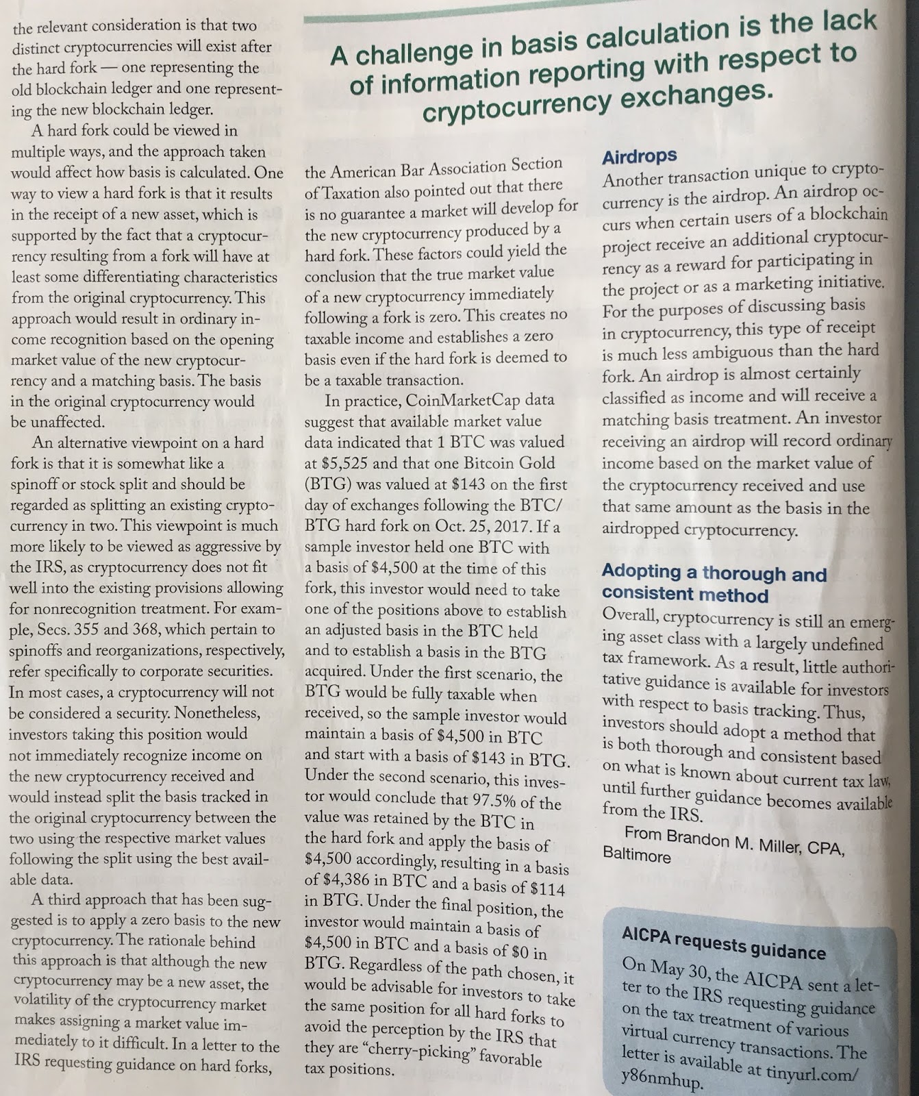 Article title: A challenge in basis calculation is the lack of information reporting with respect to cryptocurrency