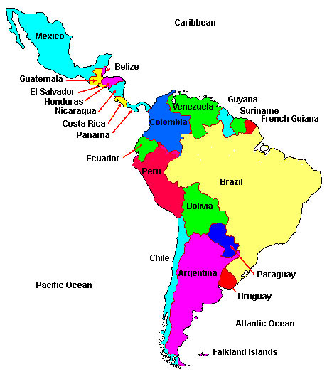 Map of Latin America with countries labeled and colored.