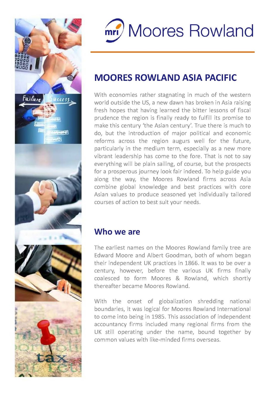 Moores Rowland logo and header. Images of handshakes and a map with a red pin.